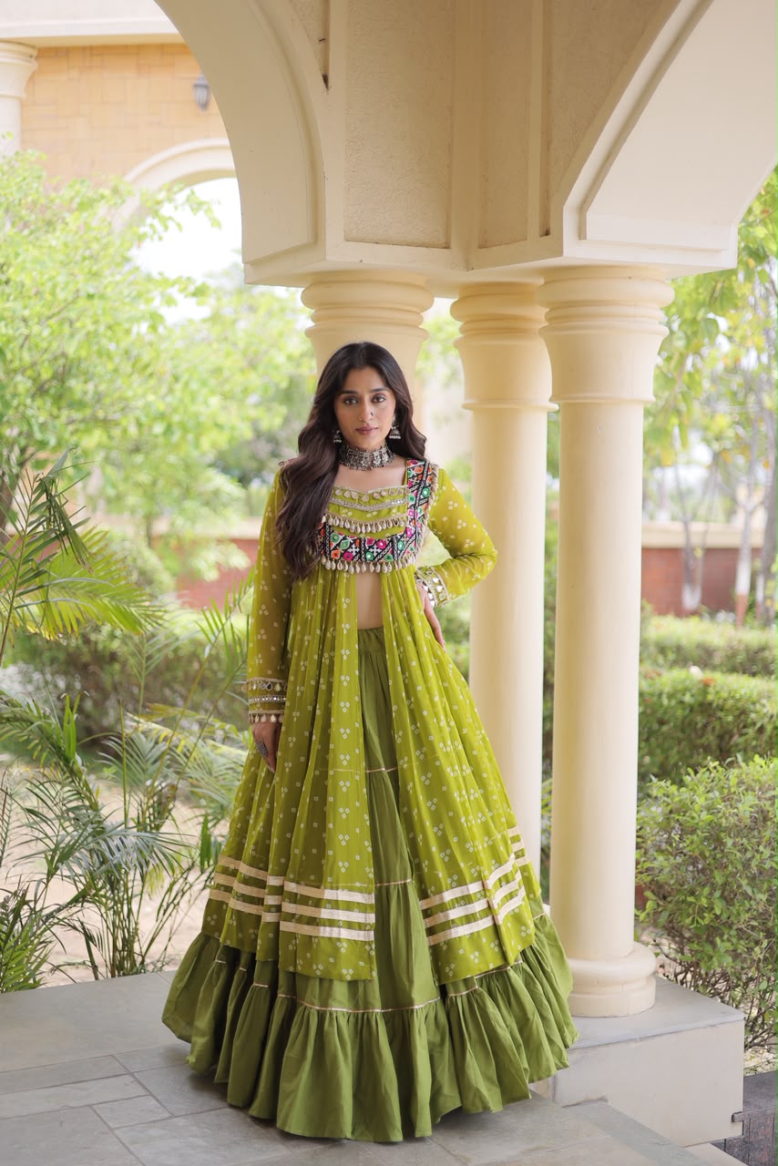 Navratri Kora Cotton Lehenga with Bandhani Kutchi Patchwork Kurti Set
