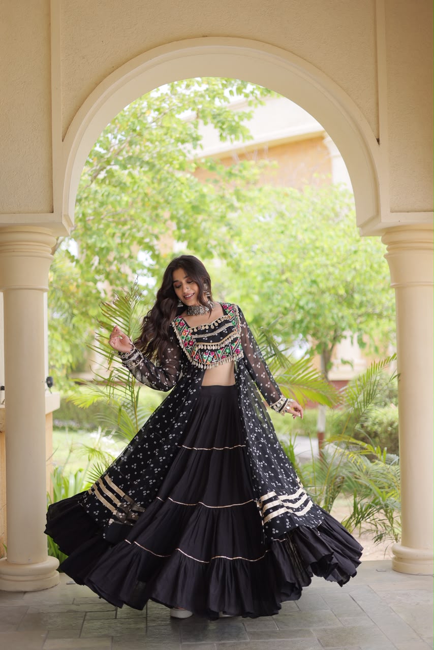 Navratri Kora Cotton Lehenga with Bandhani Kutchi Patchwork Kurti Set