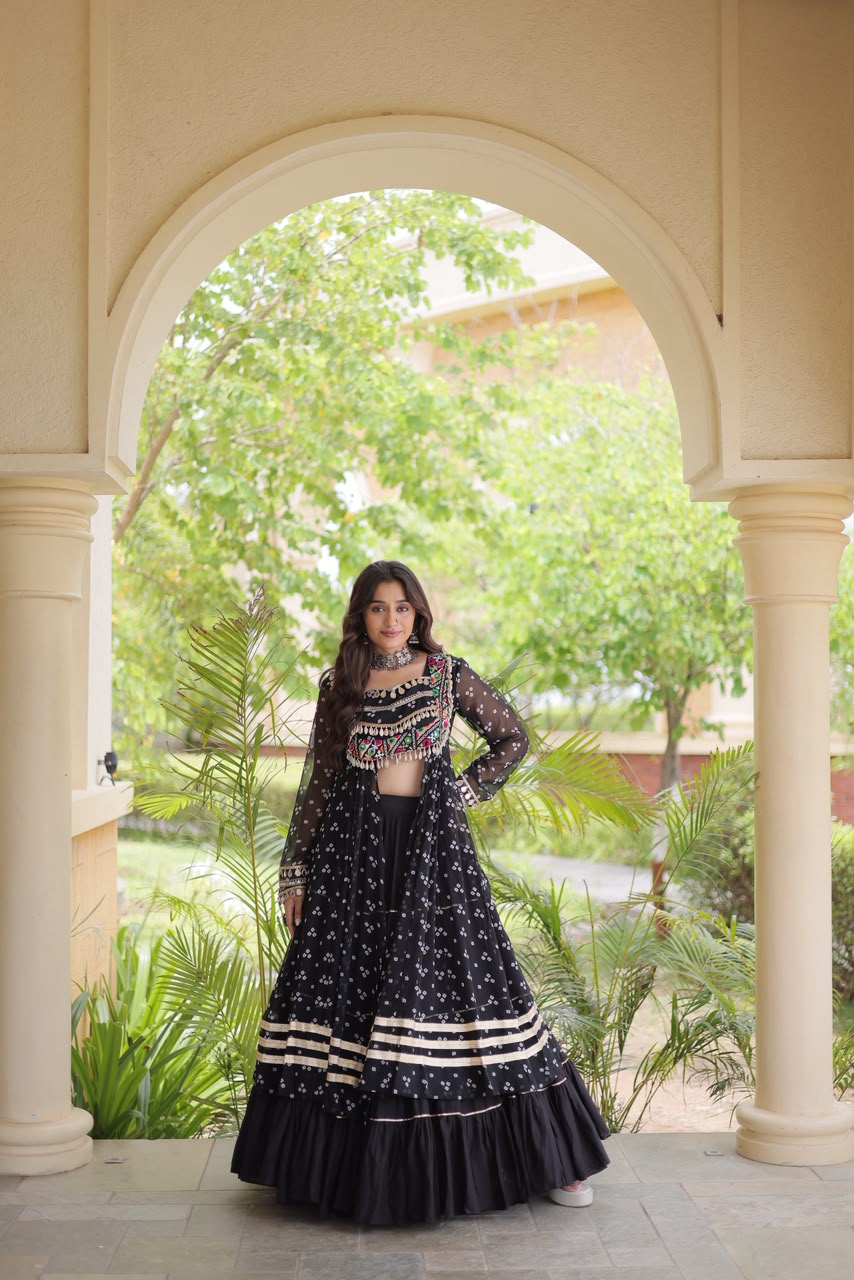 Navratri Kora Cotton Lehenga with Bandhani Kutchi Patchwork Kurti Set