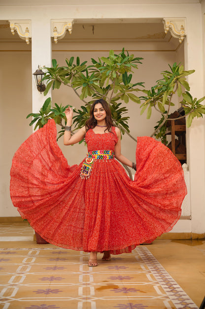 Navratri Special Gamathi Work Gown with Mirror Work and Bandhani Print