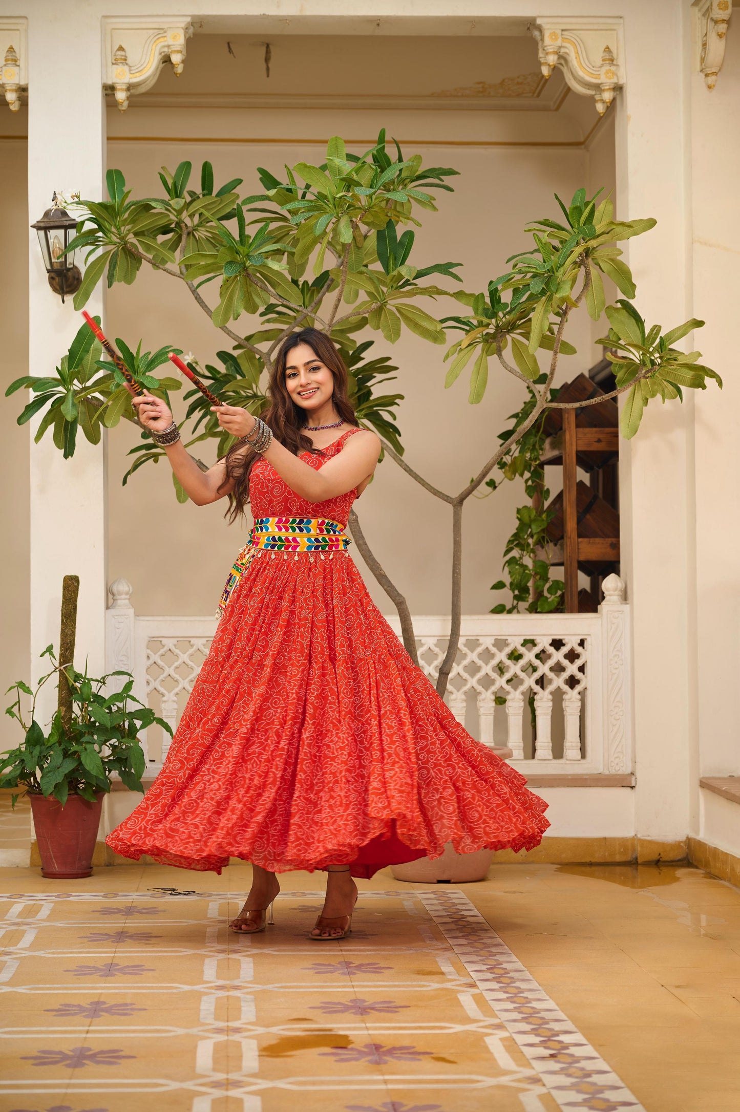 Navratri Special Gamathi Work Gown with Mirror Work and Bandhani Print