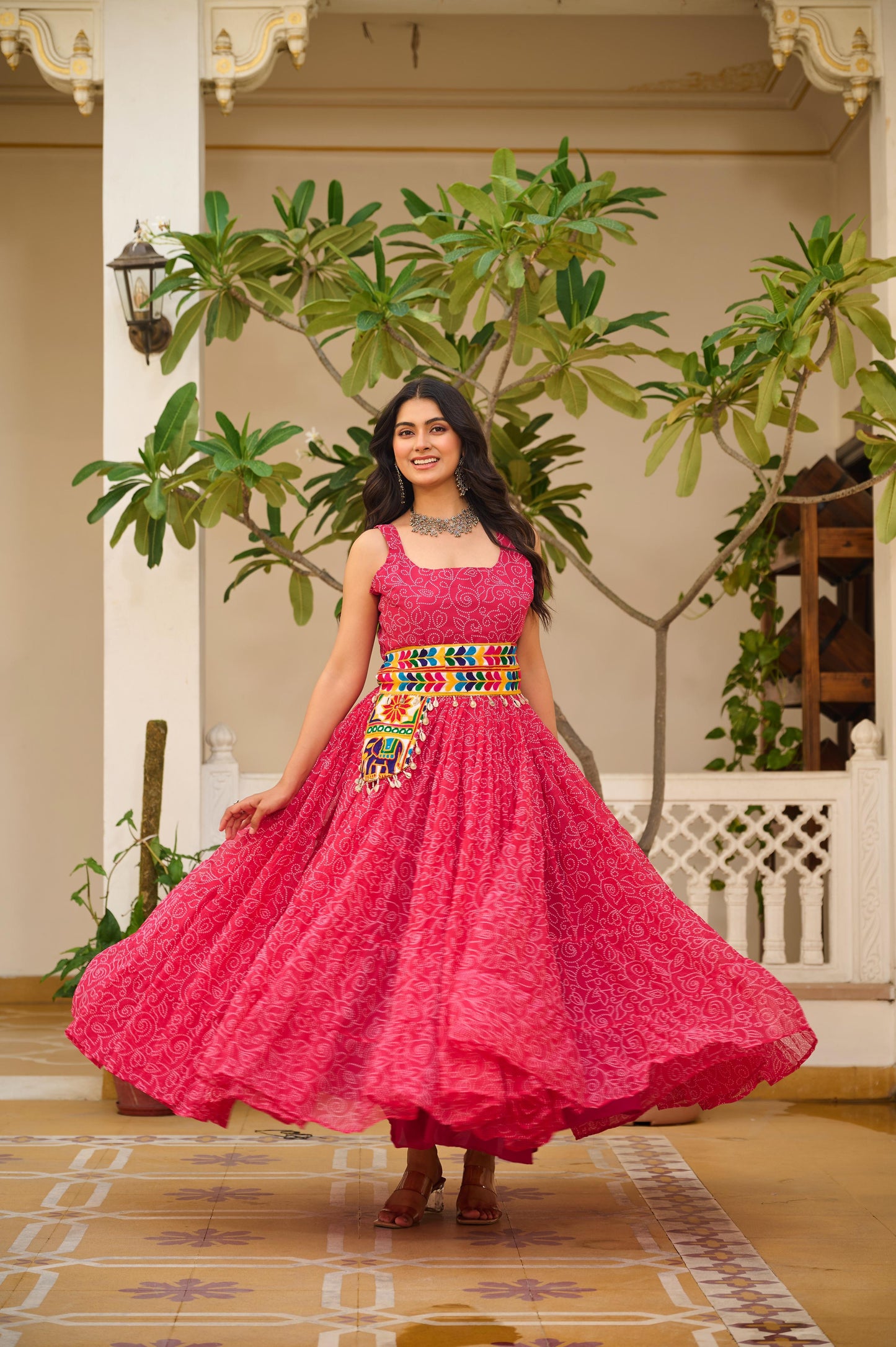Navratri Special Gamathi Work Gown with Mirror Work and Bandhani Print