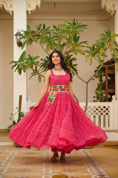 Navratri Special Gamathi Work Gown with Mirror Work and Bandhani Print