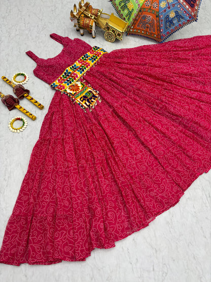 Navratri Special Gamathi Work Gown with Mirror Work and Bandhani Print