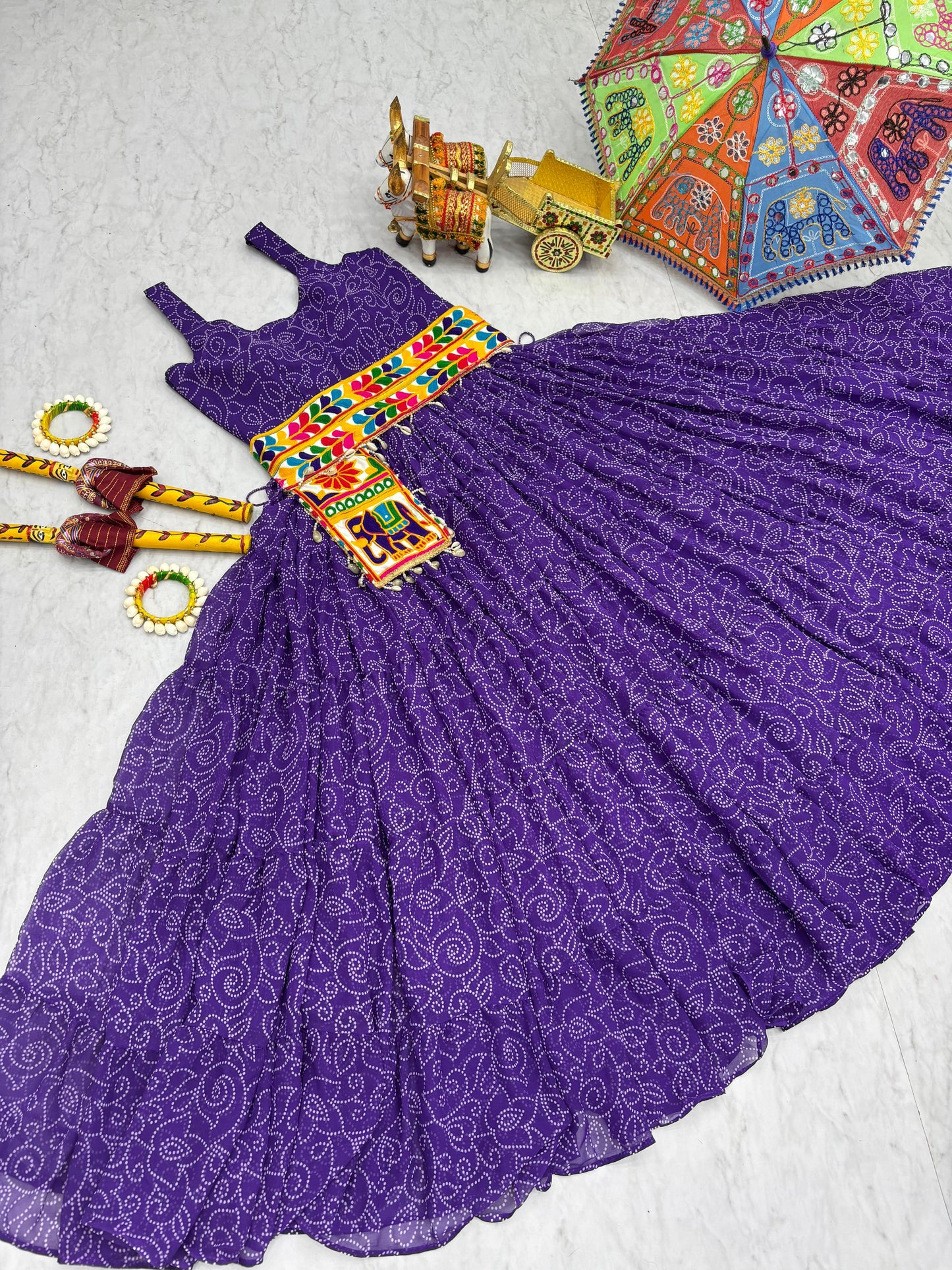 Navratri Special Gamathi Work Gown with Mirror Work and Bandhani Print