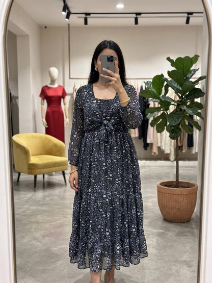 Fox Georgette Floral Print Maxi Dress with Monochrome Shrug