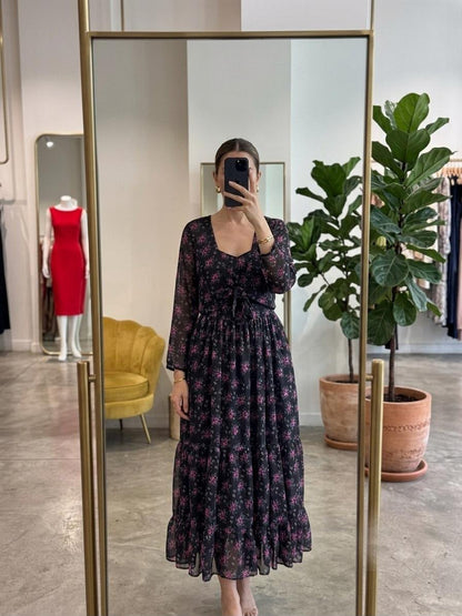 Fox Georgette Floral Print Maxi Dress with Monochrome Shrug