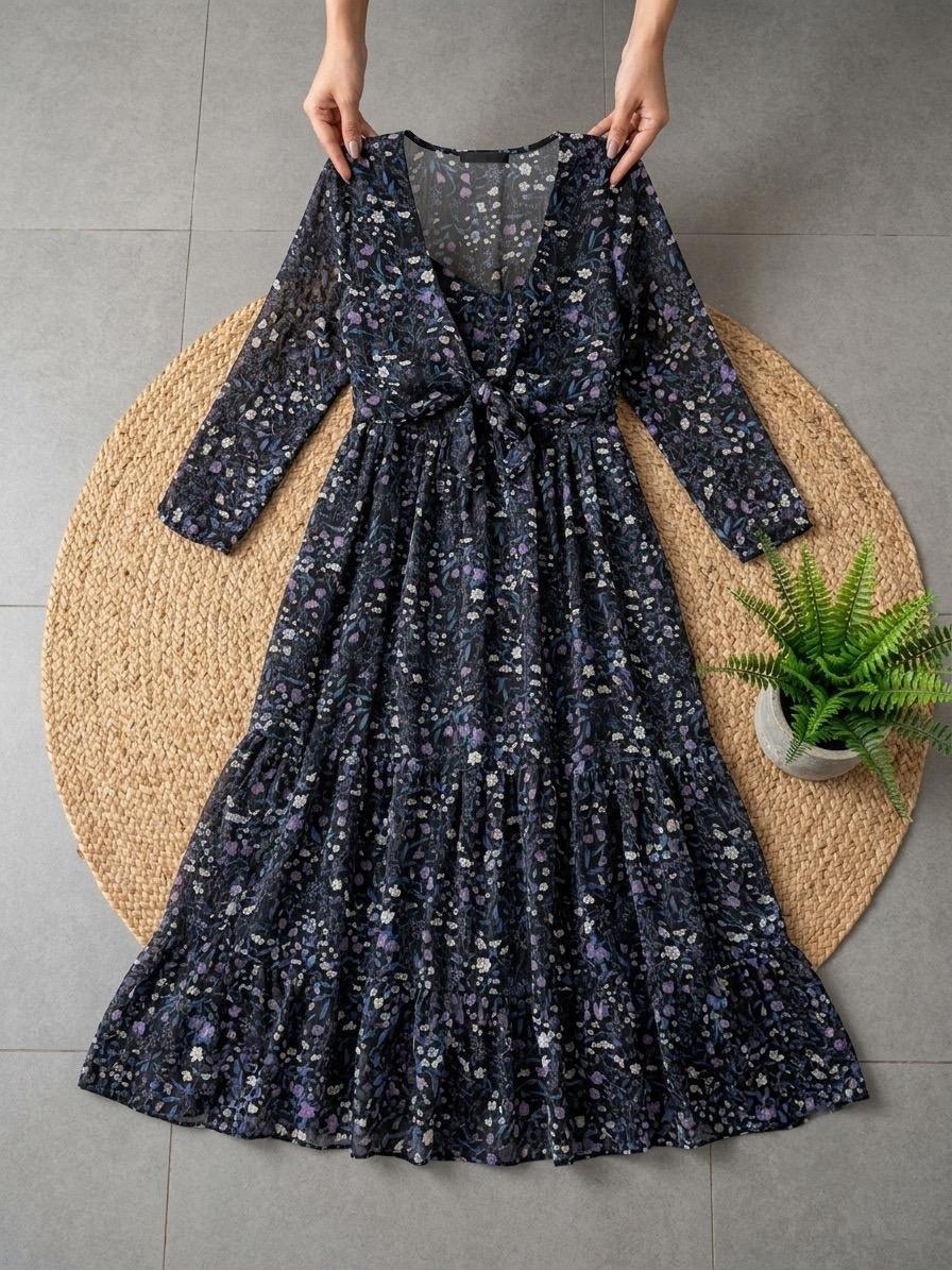Fox Georgette Floral Print Maxi Dress with Monochrome Shrug