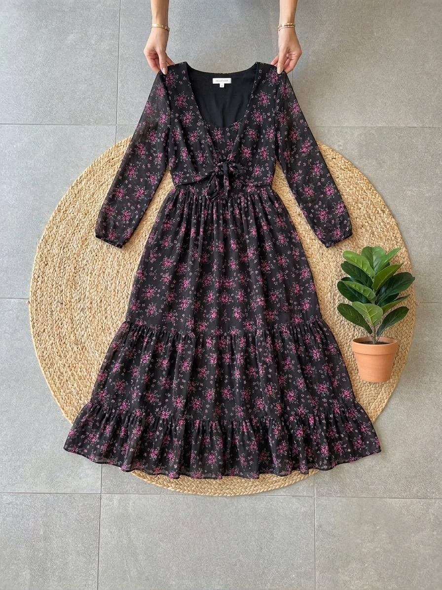 Fox Georgette Floral Print Maxi Dress with Monochrome Shrug
