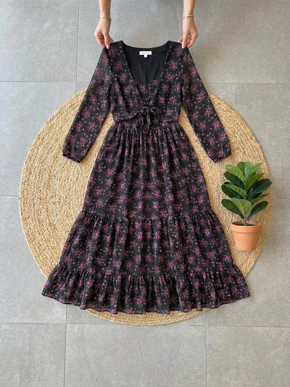 Fox Georgette Floral Print Maxi Dress with Monochrome Shrug