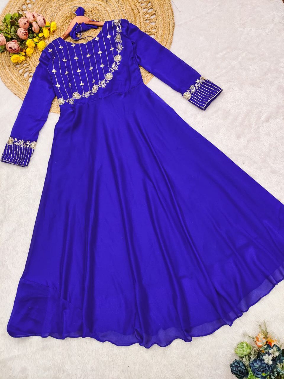 Blue Sparkling Georgette Gown with Golden Embroidery Work