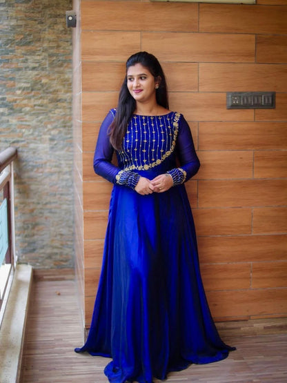 Blue Sparkling Georgette Gown with Golden Embroidery Work