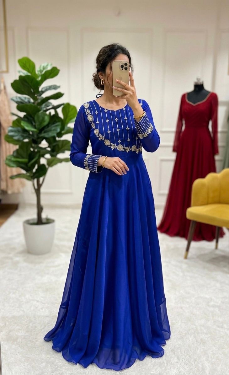 Blue Sparkling Georgette Gown with Golden Embroidery Work