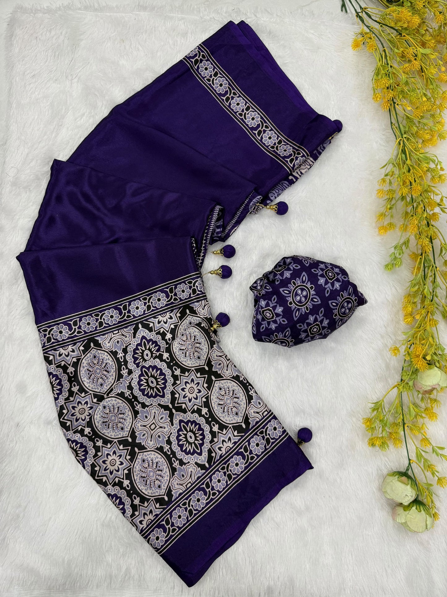 Ajrakh Gajji Crepe Silk Saree with Blouse and Premium Latkan