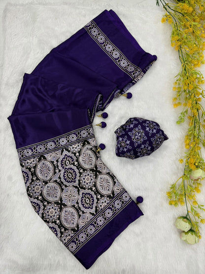 Ajrakh Gajji Crepe Silk Saree with Blouse and Premium Latkan
