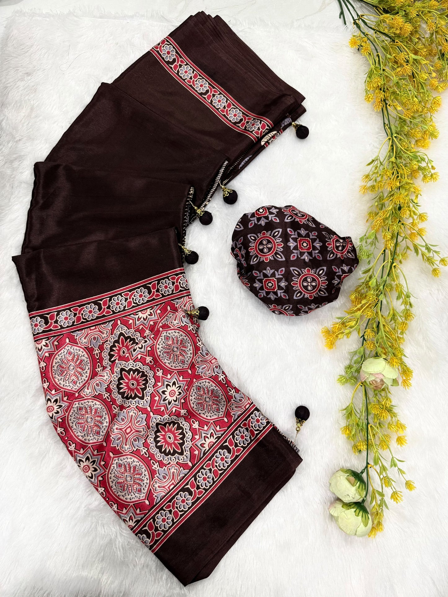 Ajrakh Gajji Crepe Silk Saree with Blouse and Premium Latkan