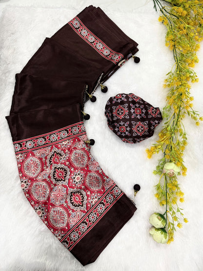 Ajrakh Gajji Crepe Silk Saree with Blouse and Premium Latkan