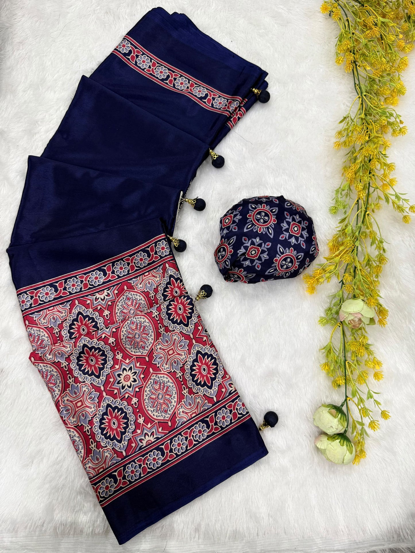 Ajrakh Gajji Crepe Silk Saree with Blouse and Premium Latkan
