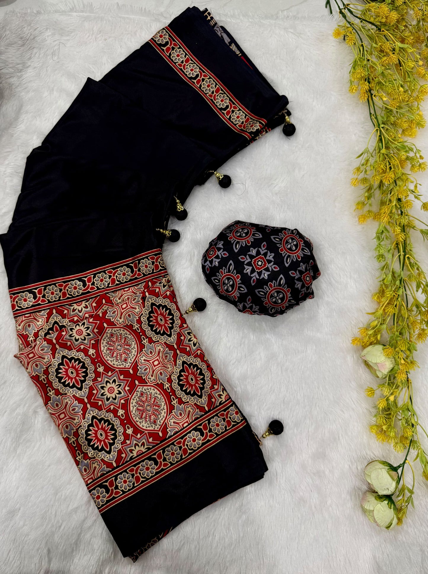 Ajrakh Gajji Crepe Silk Saree with Blouse and Premium Latkan