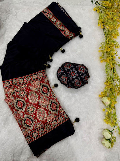 Ajrakh Gajji Crepe Silk Saree with Blouse and Premium Latkan