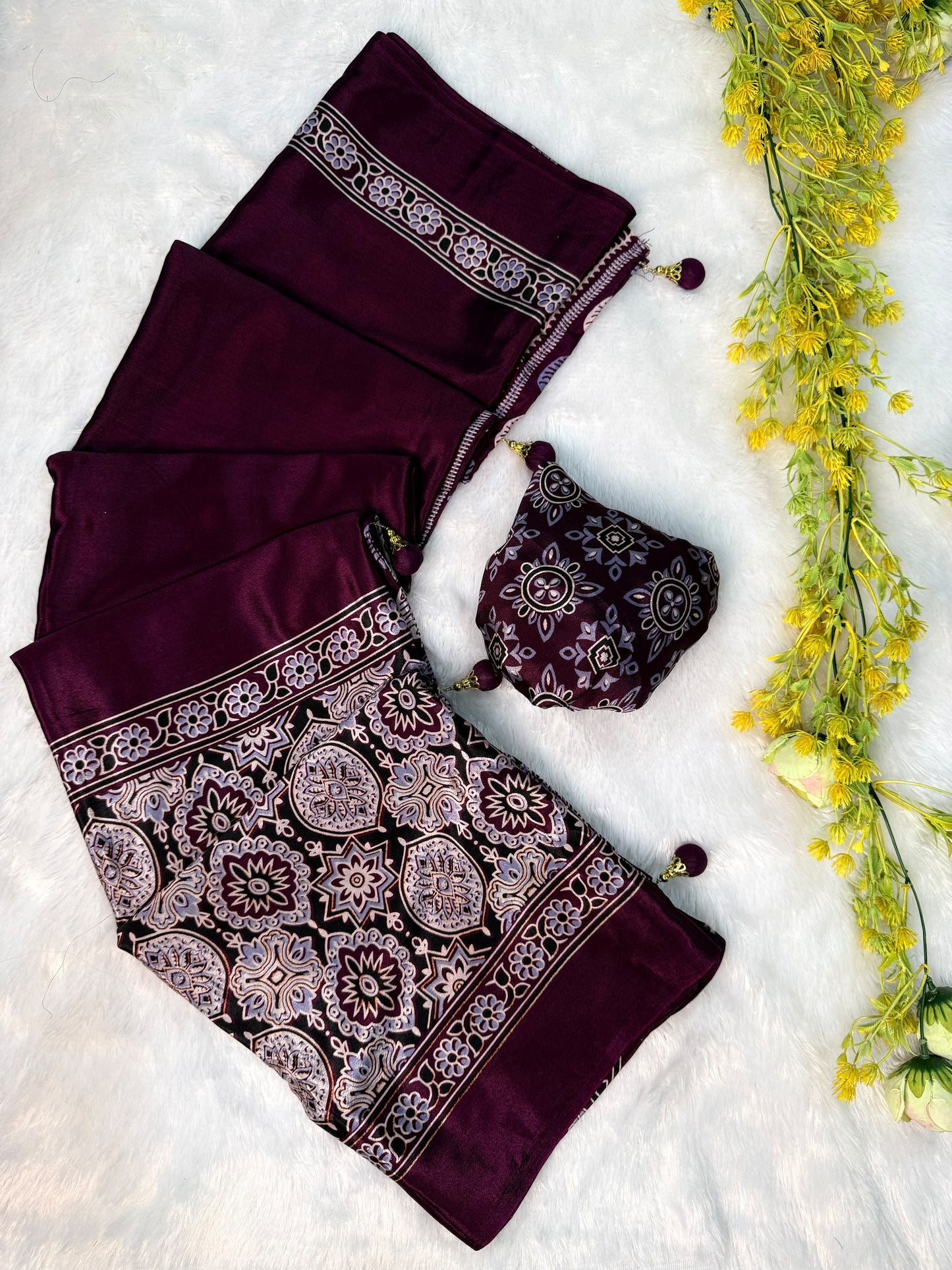 Ajrakh Gajji Crepe Silk Saree with Blouse and Premium Latkan