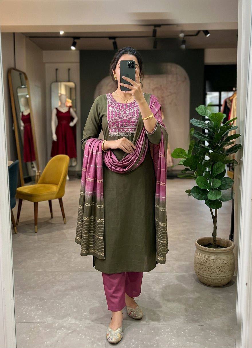 Roman Silk Straight-Cut Kurta Set with Yoke Embroidery and Contrast Dupatta