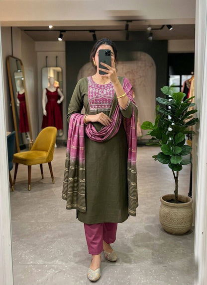 Roman Silk Straight-Cut Kurta Set with Yoke Embroidery and Contrast Dupatta