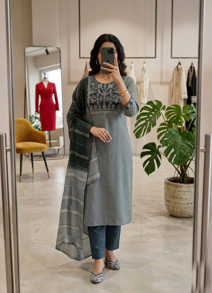 Roman Silk Straight-Cut Kurta Set with Yoke Embroidery and Contrast Dupatta