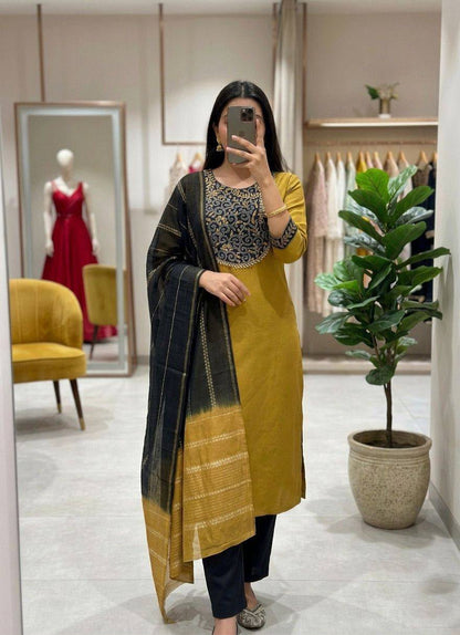 Roman Silk Straight-Cut Kurta Set with Yoke Embroidery and Contrast Dupatta