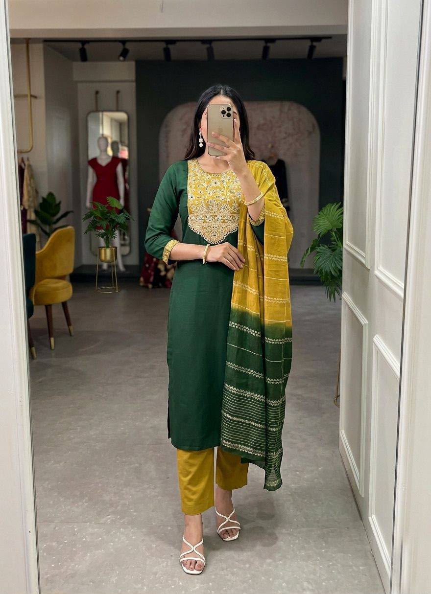 Roman Silk Straight-Cut Kurta Set with Yoke Embroidery and Contrast Dupatta