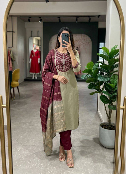 Roman Silk Straight-Cut Kurta Set with Yoke Embroidery and Contrast Dupatta