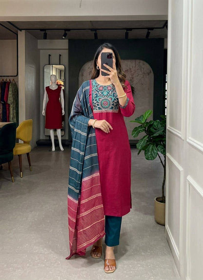 Roman Silk Straight-Cut Kurta Set with Yoke Embroidery and Contrast Dupatta