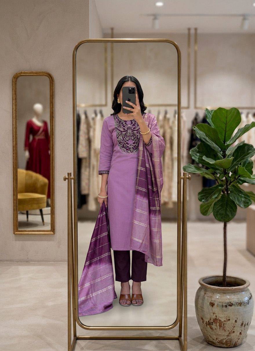 Roman Silk Straight-Cut Kurta Set with Yoke Embroidery and Contrast Dupatta