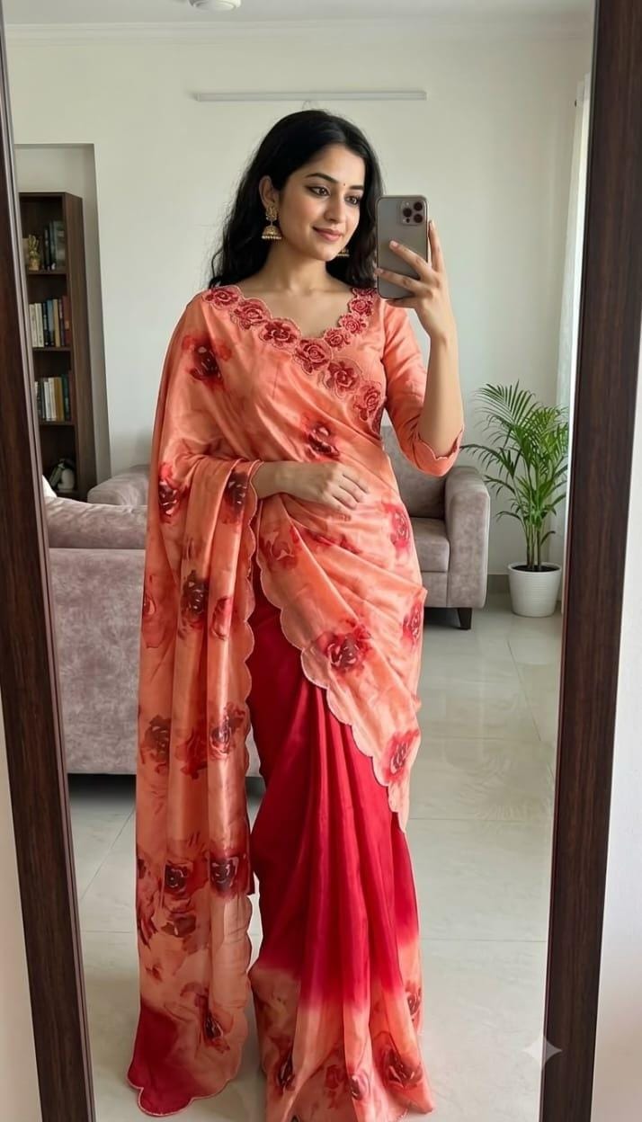 Soft Chinon Floral Print Saree with Contrast Arco Cutwork Border