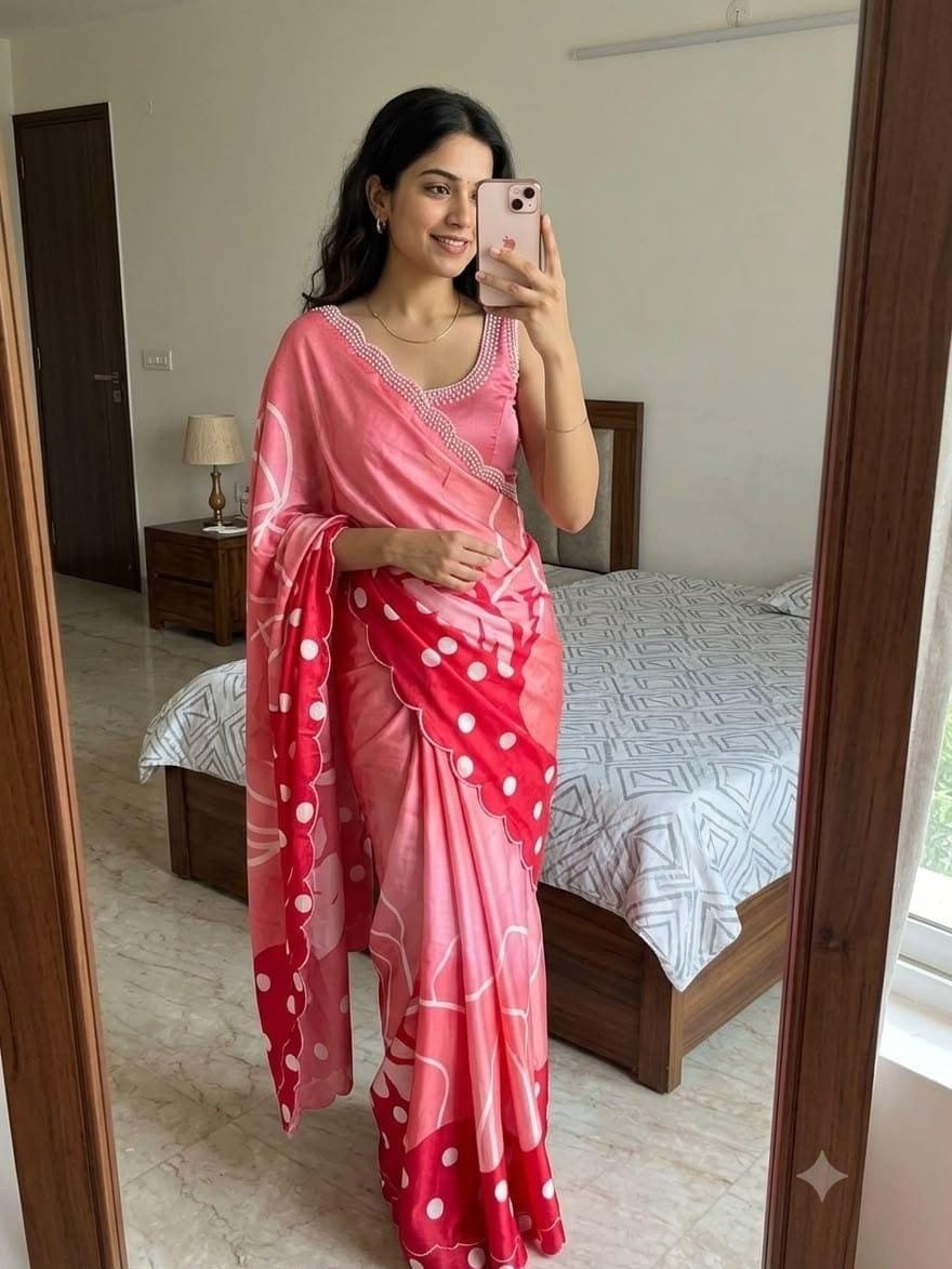 Soft Chinon Floral Print Saree with Contrast Arco Cutwork Border