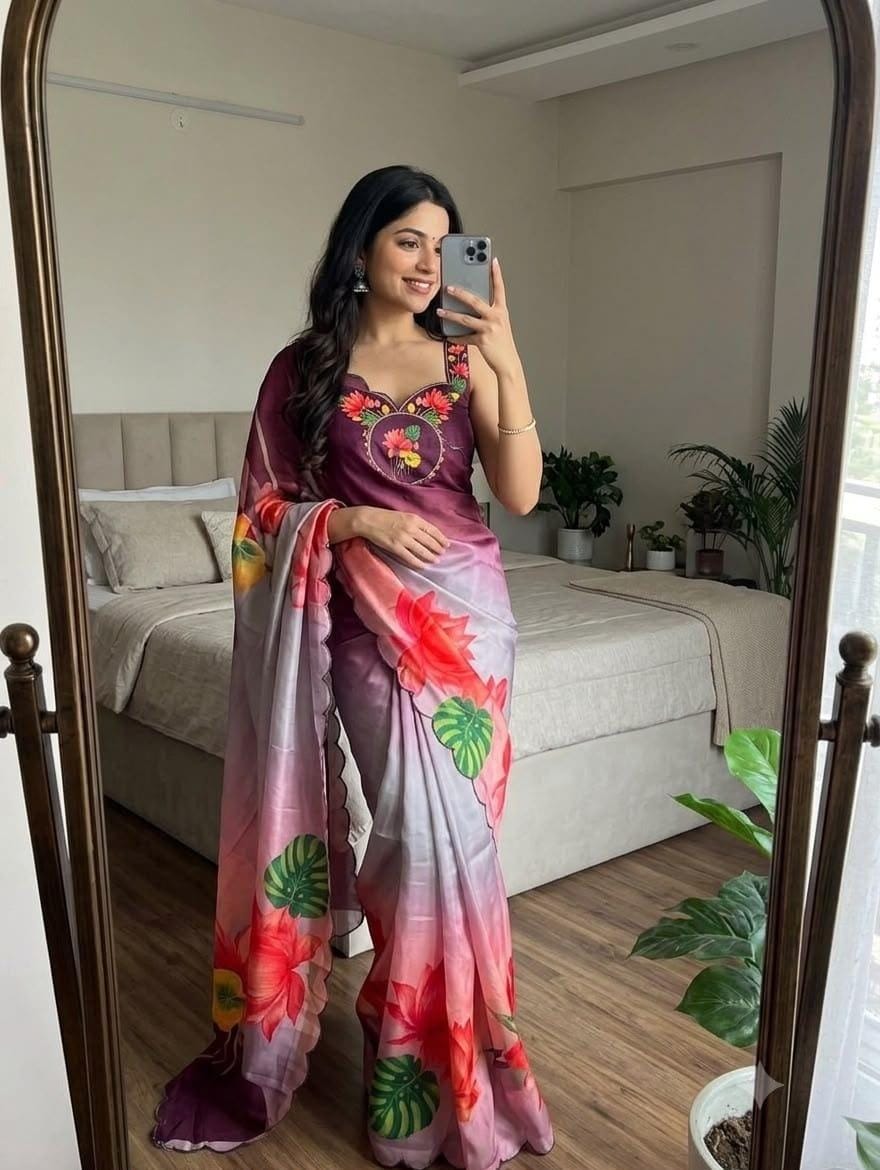 Soft Chinon Floral Print Saree with Contrast Arco Cutwork Border