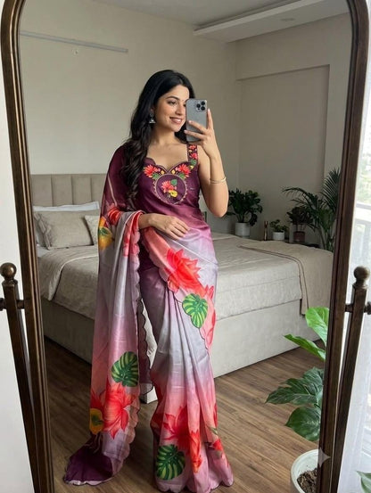 Soft Chinon Floral Print Saree with Contrast Arco Cutwork Border