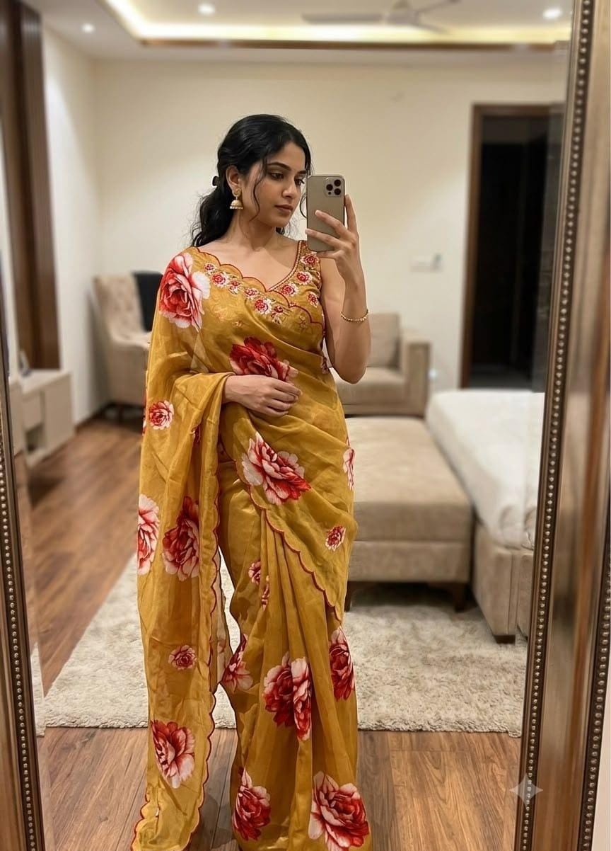 Soft Chinon Floral Print Saree with Contrast Arco Cutwork Border