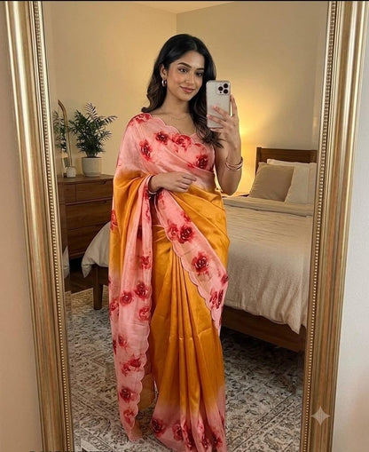 Soft Chinon Floral Print Saree with Contrast Arco Cutwork Border