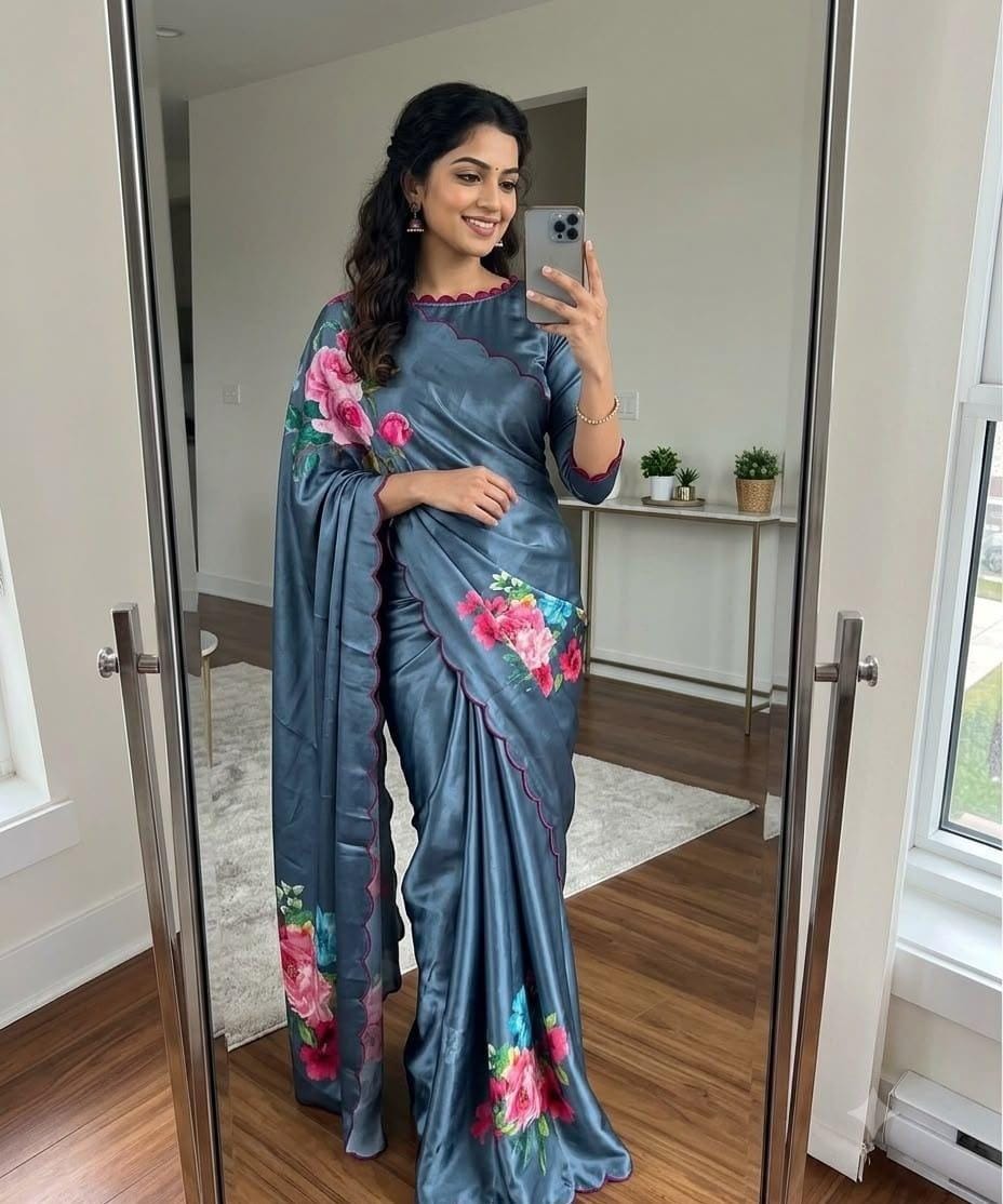 Soft Chinon Floral Print Saree with Contrast Arco Cutwork Border
