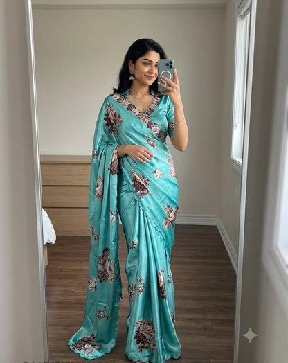 Soft Chinon Floral Print Saree with Contrast Arco Cutwork Border