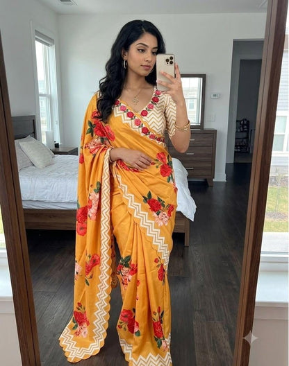 Soft Chinon Floral Print Saree with Contrast Arco Cutwork Border