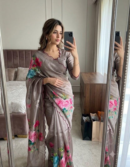Soft Chinon Floral Print Saree with Contrast Arco Cutwork Border