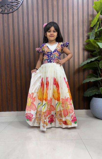 Kids Pure Silk Gown with Zari Position Print and Viscose Silk Jacket