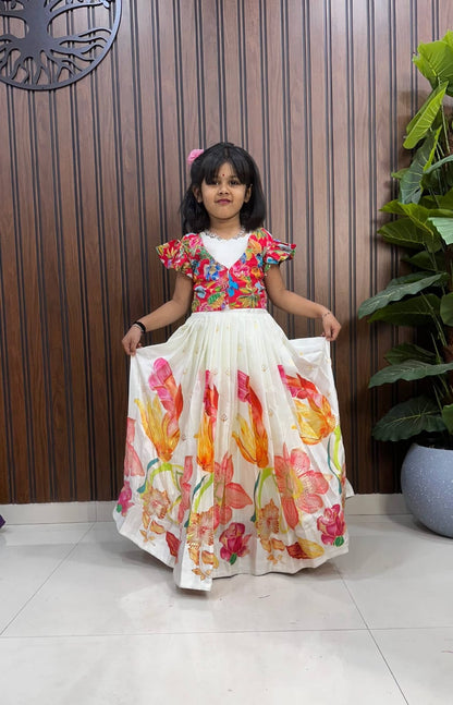 Kids Pure Silk Gown with Zari Position Print and Viscose Silk Jacket