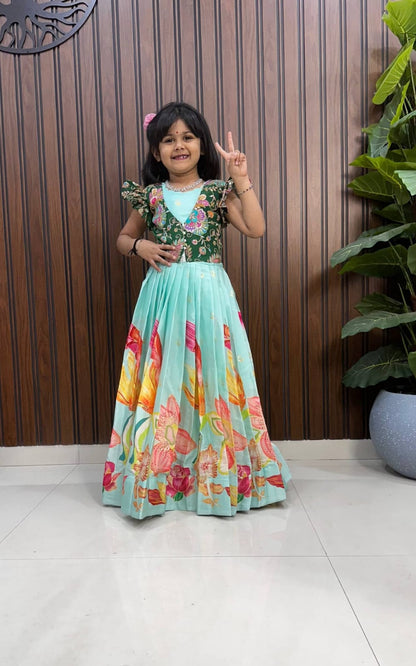 Kids Pure Silk Gown with Zari Position Print and Viscose Silk Jacket