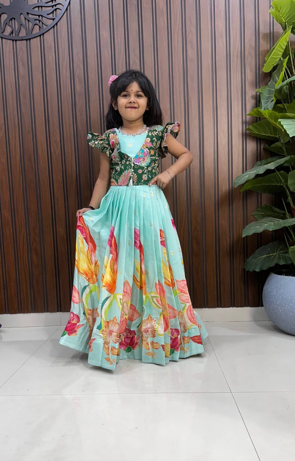 Kids Pure Silk Gown with Zari Position Print and Viscose Silk Jacket