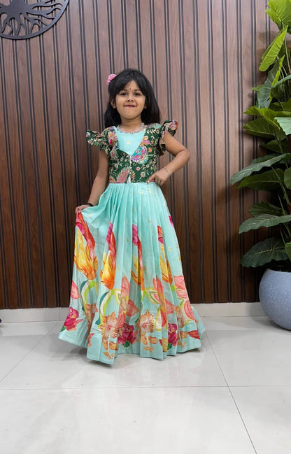 Kids Pure Silk Gown with Zari Position Print and Viscose Silk Jacket