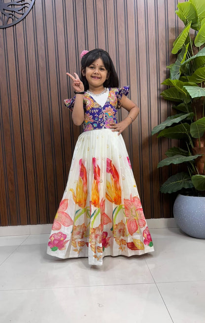 Kids Pure Silk Gown with Zari Position Print and Viscose Silk Jacket