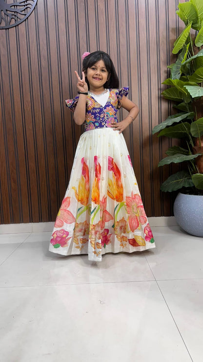 Kids Pure Silk Gown with Zari Position Print and Viscose Silk Jacket